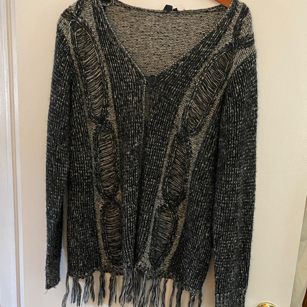 Black and Cream Fringed V-Neck Knit Cardigan